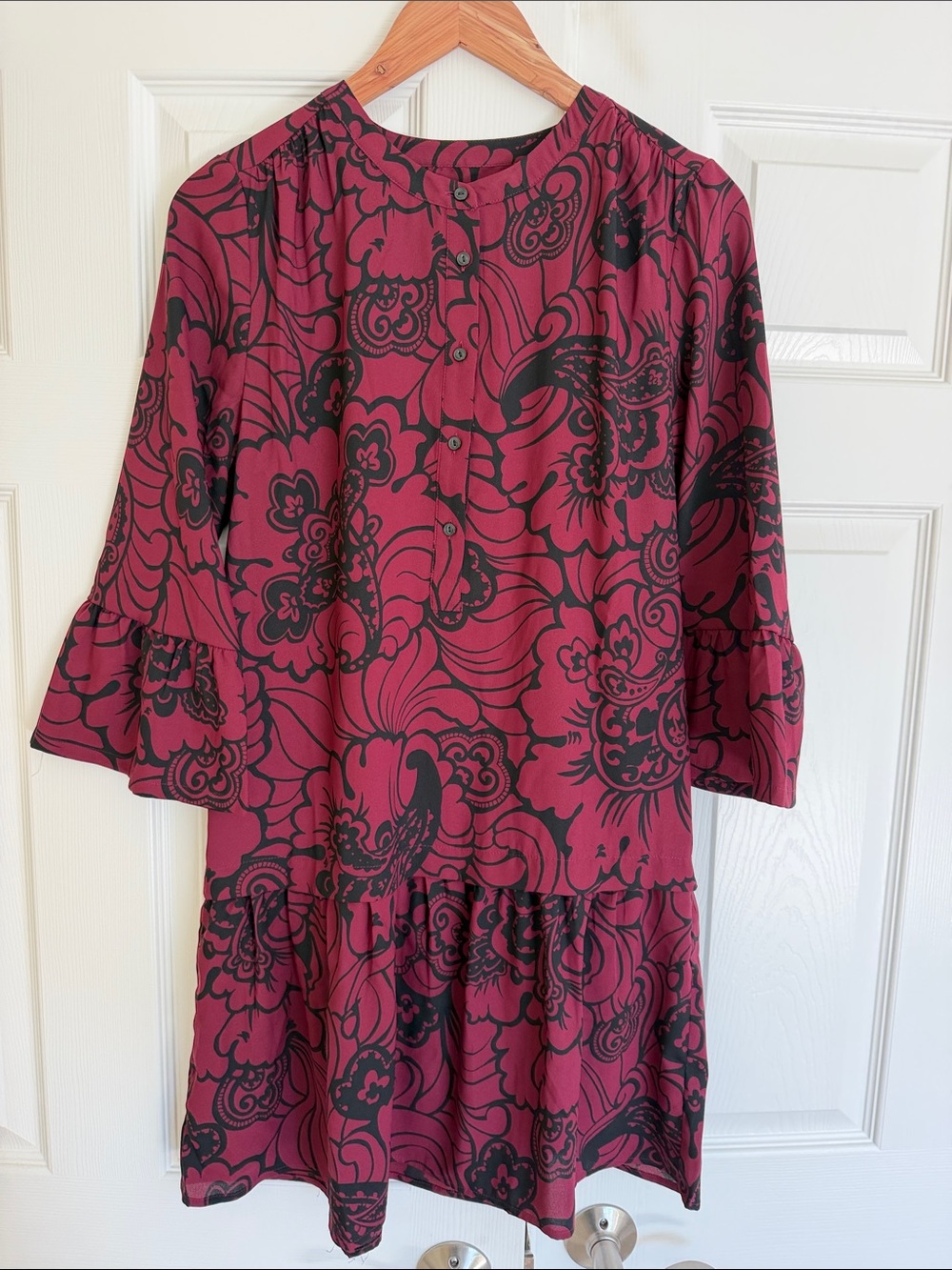 LOFT Burgundy and Black Floral Tiered Mini Dress